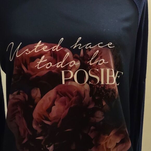 Attention Women's size M  Top Navy Pink Rose‎ Spanish English Long Sleeve - Picture 2 of 7